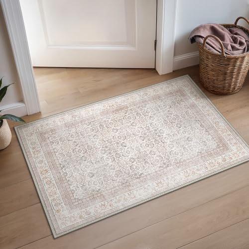 BEIMO Fußmatte 60x90cm Vintage Waschbarer Teppich Hellbeige | Boho Orientalisch Wohnzimmerteppich, Weicher Kurzflor Klein Carpet mit Rutschfester für Eingang, Bettvorleger Schlafzimmer