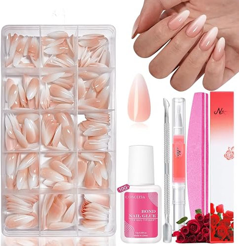 Falsche Nägel Tips Set - 240 Stück Französisch Falsche Nägel Zum Aufkleben - 15 Größen Weiß Nude Farbverlauf Künstliche Nägel Fingernägel für Nail Extensions mit Box (Gradient Baby Nude Mandel)