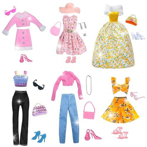 27 Stück Kleidung und Zubehör Kompatibel mit Barbie Zoll, 2 Röcke 2 Lange Ärmel 1 Bustierkleid 2 Lange Hosen 1 Hosenträger 1 Badeanzug 6 Schuhe 12 Accessoires für 11,5 Zoll Puppe Mädchen Geschenk