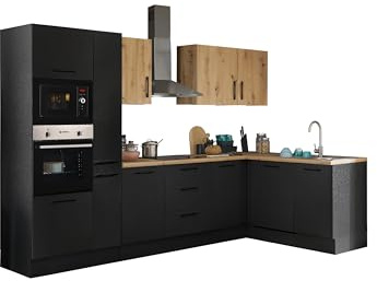 TURIN LBM Eckküche Winkelküche Artisan Eiche Optik Schwarz 310 x 211 x 60cm | Küche ohne Küchengeräte, L-Form, L-Küche, Einbauküche ohne Elektrogeräten, geräumig, mit viel Stauraum, modernes Design