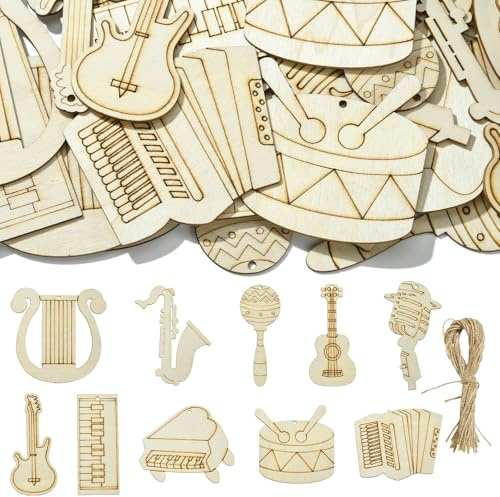 Airssory 30 Stück Musikinstrumente ungefärbt blanko Holzausschnitte Charms mit Jutekordel Musikthema Gitarre Klavier Holzscheiben für DIY Malerei Kunst Handwerk Home Party Dekor Verzierungen