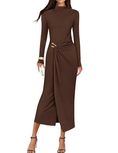 ZESICA Women's 2026 Spring Long Sleeve Bodycon Dress Mock Neck Wedding Guest Cocktail Party Long Midi Dresses Brown Medium