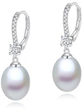 YAMI Damen-Perlenohrringe, 8mm Süßwasser-/Salzwasser-Zuchtperlen, Weiß/Schwarz/Rosa-Lila, Perlenohrringe Silber 925, Hypoallergene Ohrringe, Damenschmuck-Geschenk, für Jeden Anlass Geeignet