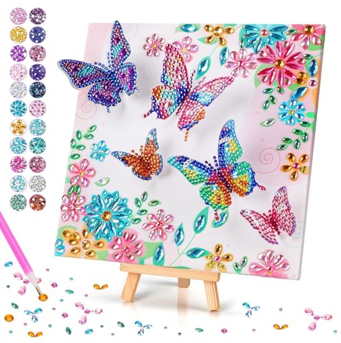 Diamond Painting Schüler, Diamond Painting Schmetterling Bastelset Kinder Geschenke für Jungen und Mädchen, Basteln Mädchen Diamant Painting Schmetterlings mit Holzrahmen Kreative Spielzeug (Rosa)