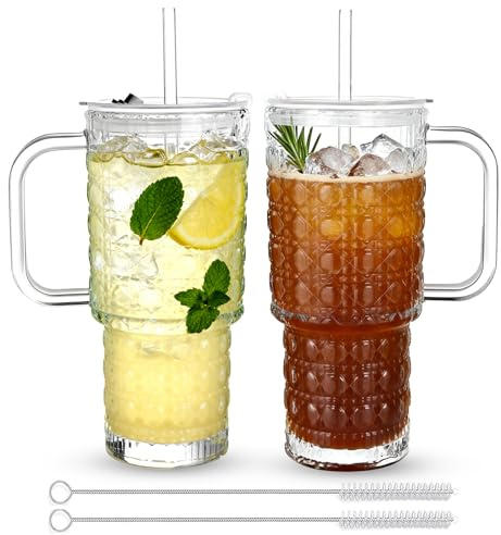 XWGKLN 2pcs Glass Cups with Lids and Straws, 500ml Leakproof Iced Coffee Tumblers with Straws & Brush, Modern Large Glass Mug for Cold & Hot Beverages, Smoothies, Tea, and Juice