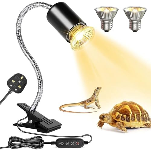 KBIBCK Reptile Heat Lamp with 2 * E27 50W UVA/UVB Heat Bulb, 360° Rotatable Tortoise Heat Lamp with Cycle Timer, Reptile Basking Light with Clamp for Reptiles Lizard, Turtle, Snake, Chameleon