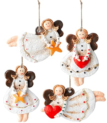HERZWILD Metall-Engel-Ornamente, Vintage-Engel-Anhänger, hängende Engel, Weihnachtsdekoration für Weihnachtsbaum, Urlaub, Innendekoration (weißer Engel, 4 Stück)