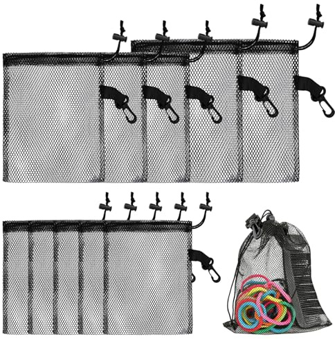 Wihozte 10 Pcs Small Mesh Drawstring Bag with Cord Lock, Black Nylon Mesh Drawstring Bags 3 Sizes Mesh Bags for Basketball Volleyball Football Golf Stuff Balls