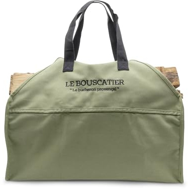 Borsa per il trasporto legna da ardere, robusta e resistente, per legna da ardere, 60 x 46 x 26 cm da 50 litri. Cesto multiuso extra largo, accessorio per stufa, camino, braciere (verde oliva)
