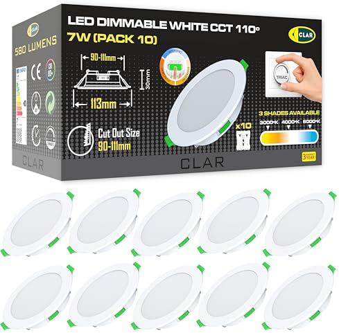 CLAR - Einbaustrahler LED, Deckenstrahler, LED Einbaustrahler 230V, Deckenspots, Spots Dekenleuchte, Badbeleuchtung, Deckenleuchte Dimmbar, Einbauleuchten White 7W CCT (Pack 10)