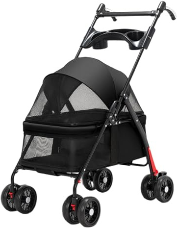 Lightweight Pet Travel Stroller, Foldable Dog Cat Pushchair Dog Pram Buggy with Rain Cover & Cup Holder, 4 Wheels Comfortable Trolley Travel Carriage for Small Medium Dogs Cats Puppies (Black)