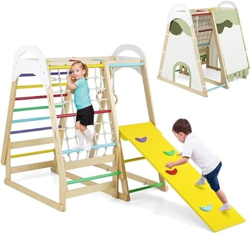 FANTASK 6-in-1 Klettergerüst Indoor für Kinder, Kletterturm mit Turnringen, Kletterfelsen, Kletternetz, Leiter, Pull Up Bar & Spielzelt, Kletterspielzeug ab 1 Jahr (Bunt)