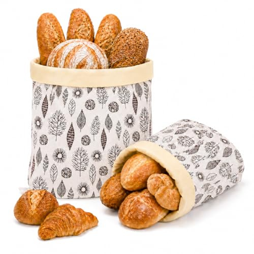 Sytinnice 2 Pack Beeswax Bread Bags for Home Bakers, 43 x 33 cm Reusable Sourdough Bread Bag with Natural Beeswax Lining, Washable Linen Bread Storage for Homemade Loaves-Leaves