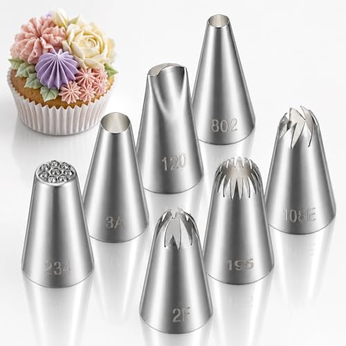SULIKJHUI Set med 7 professionella spritstyllar (234 3A 120 802 2F 108E 195), premium spritspåse i rostfritt stål, tyllar kompatibel med spritspåse/spritsäck, för att dekorera tårtor, cupcakes, krukor