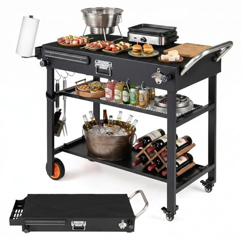 COSTWAY Desserte Extérieure Pliable 3 Niveaux à roulettes Verrouillables | Chariot de Barbecue jardin avec Tapis Résistant à la Chaleur, Roulettes Porte-Couteaux Magnétique Crochets, 109 x 46 x 87 cm