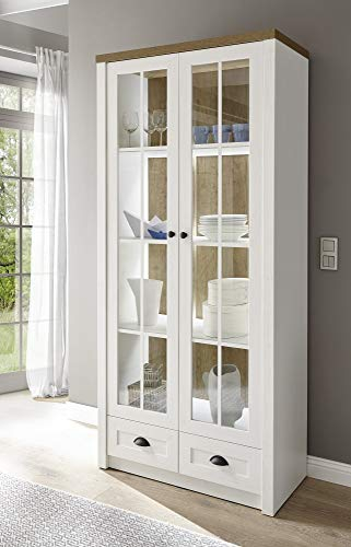 Vitrine Tesorino I Holznachbildung Pinie Weiss Applikationen Eiche hell 90x198x43cm Highboard Standvitrine Glastür Schrank Beleuchtung optional Beleuchtung mit Beleuchtung