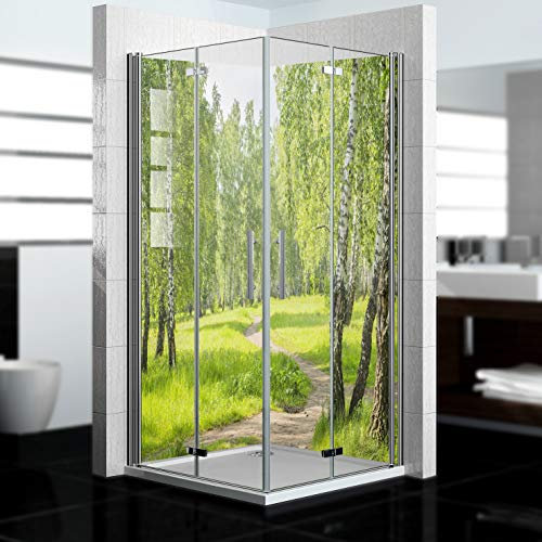 dedeco Eck-Duschrückwand wasserfest mit Wald V2 Motiv UV-Lack glänzend - 2 x 90x200 cm, Badrückwand zum Fliesenersatz, als Dekorwand, Wandverkleidung und Duschplatte aus Aluminium - Made in Germany