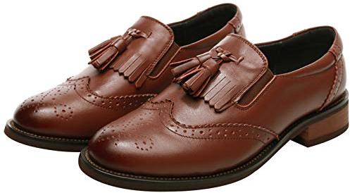 ANUFER Mujer Piel Genuina Borla Mocasines Brogues Ponerse Zapatos de la Corte
