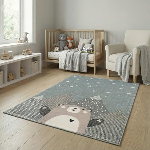 Jimri Teppich Kinderzimmer - Teppiche für Kinderzimmer, Kinderteppich Junge, Kinderteppich mit Bergen, Bär, Panda, Sterne, (Türkis-Beige, Größe: 160x230 cm)