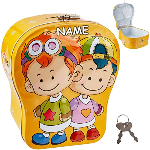 alles-meine.de GmbH Spardose Freunde inkl. Name - mit 2 Schlüssel und Schloss - stabile Metall Sparbüchse - 17 cm - Verschluss - Sparschwein - Schatzkiste Schatztruhe für Kin..
