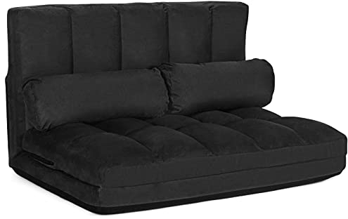 COSTWAY 3 in 1 Bodensofa klappbar, Schlafsofa mit 6 stufig Verstellbarer Rücklehne & 2 Kissen, Sofabett mit Schlaffunktion, Lazy Sofa für Schlafzimmer, Wohnzimmer & Balkon, 150kg Belastbar (Schwarz)