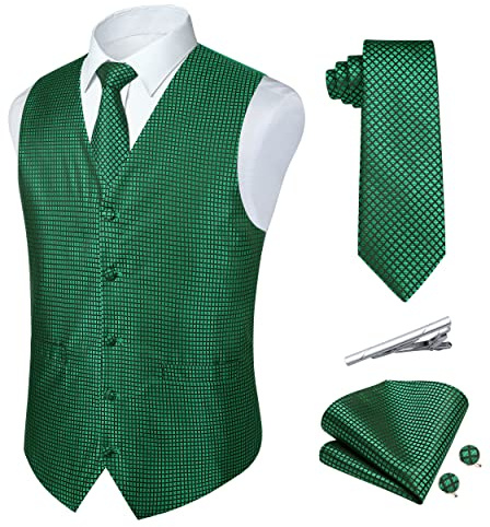 Rithern Herren Weste mit Paisley Floral Jacquard Seide Krawatte Einstecktuch Taschentuch Set mit Manschettenknöpfen und Krawattenklammer für Hochzeitsfeier Anzug Weste Set in Grün XXL