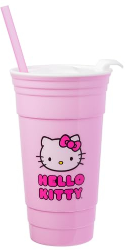 Silver Buffalo Bicchiere in plastica con logo Hello Kitty con coperchio e cannuccia, 907,2 g