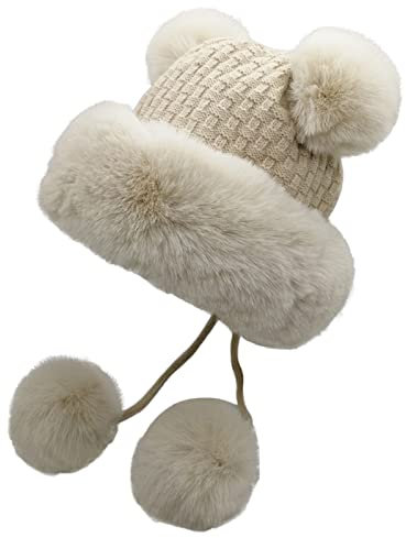Unbekannt Beanie Für Damen & Herren Wintermütze Warme Strickmütze Gefütterte Damen Strickmütze Mit Fell-Bommel Damen Mütze Winter Warme Strickmütze Mit Bommel