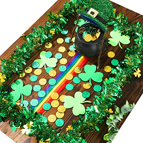 Fabbay 116 Pieces St. Patrick's Day Leprechaun Trap Kit DIY Leprechauns Pot of Gold St Patrick's Day Gold Shamrock Coins Feather Boa Rainbow Stripe Green Shamrock Foam Stickers for Party Decoration