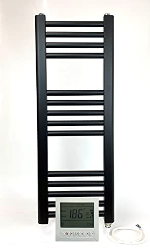 Greened House 300w x 800h Black Electric Straight Heated Bathroom Towel Rail + Timer and Room Thermostat