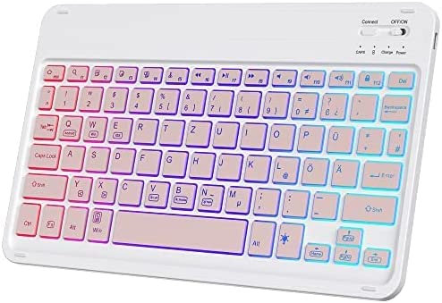 IVSOTEC Clavier espagnol Ñ Bluetooth sans fil, léger clavier sans fil portable avec 7 couleurs rétroéclairé fin de 10 pouces pour iPad OS/tablette Android/Samsung/Huawei/Lenovo