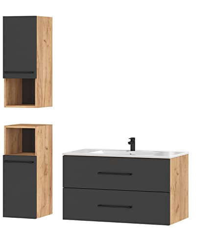 Planetmöbel LUX Badmöbel Set Waschtisch mit Waschbecken 90 cm, Keramik Waschbecken mit Unterschrank, 2X Midischrank 75 cm, Gold Eiche/Anthrazit
