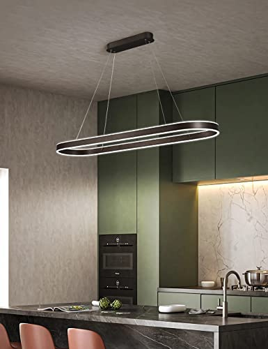 WJYCYN Dimmbar Oval LED-Kronleuchter Pendelleuchte moderner Esstisch Büro mit den Fernbedienung ring Hängelampe höhenverstellbar Blendfreesszimmer Arbeitszimmer Küche leuchte (Schwarz, L80cm 68W)