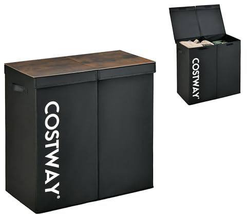 COSTWAY 115L Wäschekorb mit Deckel, Wäschesammler 2 Fächer, Wäschebox aus Vliesstoff mit Griffen, 62 x 31 x 60 cm (Schwarz)