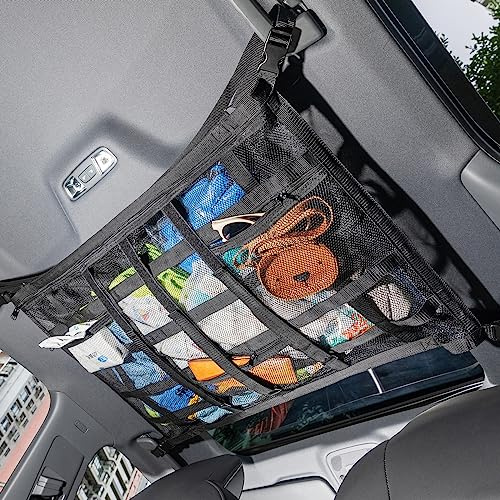 Car Ceiling Cargo Net with 3 Pockets,31.5x21.6 Car Overhead Storage Mesh Organizer,Double Layer Roof Mesh Camping Overlanding Gear Must Haves Cargo Net,Road Trip Essentials