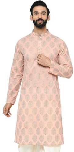 KISAH Män rodnande persikovävd design Kurta hela blad, knälängd, rak, normal passform, mandarinkrage etnisk klädsel, Rodnande persika, S