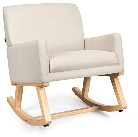 COSTWAY Schaukelstuhl, gepolsterter Schaukelsessel aus Massivholz, Schwingsessel, Relaxstuhl für Wohnzimmer, Schlafzimmer, Beige