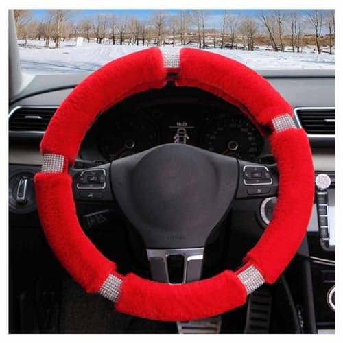 SHTGOI Universal Fell Lenkradbezug Plüsch Lenkradhülle mit 5 Strasssteine 38cm Lenkrad Fellbezug Weich Warme Lenkradschoner Steering Wheel Cover Lenkradschutz für Winter-Autolenkrad Rot