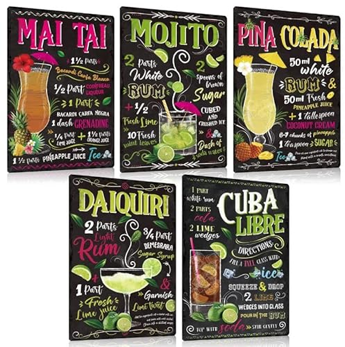 ESFIVHO Lot de 5 Cocktail Recette Plaque Metal Vintage 20x30cm - Cocktails Guide Panneau Pancarte Affiche Poster - Decoration Murale Accessoire Pour Bar Pub Cuisine Bistrot
