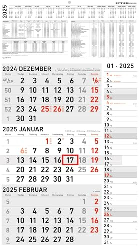 Zettler - 3-Monatskalender Kombi 2025, 33x45cm, Bürokalender mit Jahresübersicht, Datumsschieber, faltbar, 3 Monate auf einen Blick, Feiertage/Ferientermine DE/AT/CH und deutsches Kalendarium