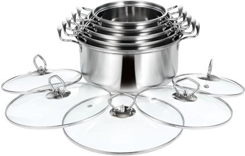 Alipis 5juegos Olla De Acero Inoxidable Tapas De Vidrio Olla Para Cocción y Estofado Aptas Para Cocinas De Inducción Múltiples y Asas Seguras