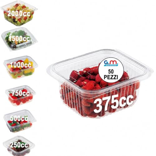Generico GM – 50 Vaschette Rettangolari Trasparenti 390 cc con Coperchio Attaccato, Contenitori Ermetici in PET Idonei al Contatto Alimentare per Gastronomia, Asporto e Pranzo – 12×14,5×5h cm