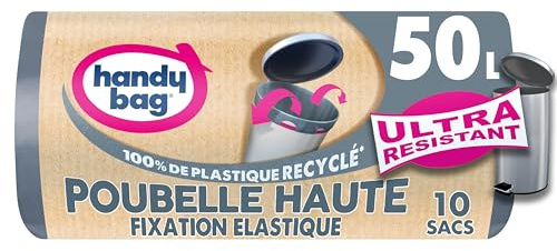 Handy Bag - Sacs poubelle pour poubelle haute à fixations élastiques, Ultra Résistant & Étanchéité maximale, 100% plastique recyclé, 1 rouleau de 10 sacs 50L