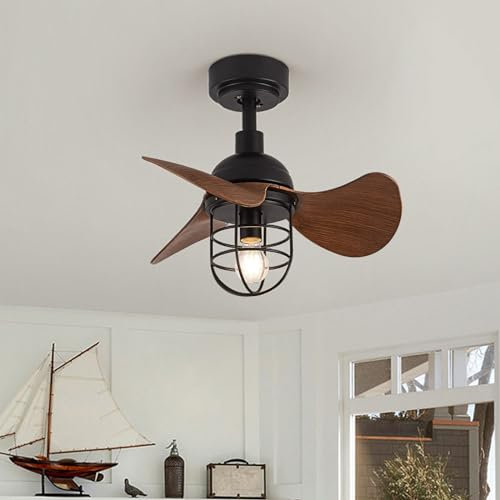 LXTEDJ Retro Ceiling Fans With Lights, 3 Blades 6 Speed Industrial Fan Light Silent Reversible Round Lamp for Living Room Bedrooms Hallway Staircase 56cm*47cm Motor 30w e27 Bulbs