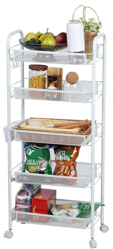 Haloppe Carro de Almacenamiento para cestas Frutas y Verduras 5 Niveles, Estante Organizador Cocina Alambre metálico con Ruedas 360 ​​Grados, contenedores apilables, Cajas Colgantes Blanco 5 Cap
