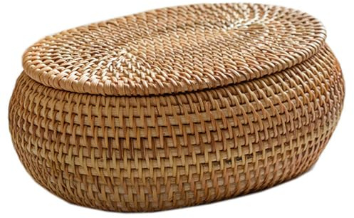 Canasta ovalada con cesta decorativa de tapa para organizar, cesta de algodón, Canasta de tapa 5.5x6.7x2.8 pulgadas de ratán, caja decorativa de escritorio