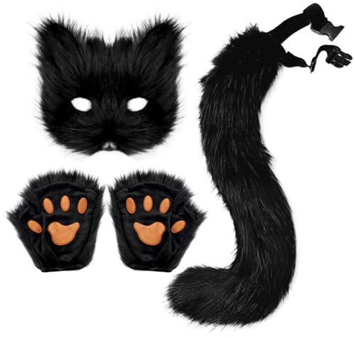 DRESHOW Cola de Zorro de Piel Sintética Peluche Gato de Lobo Máscara Disfraz de Fiesta de Halloween Guantes de la Pata Cosplay Set para Mujeres