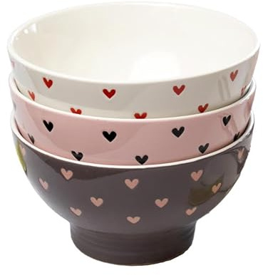 Darthome Set of 3 Love Heart Cereal Bowls 500ml Colourful Assorted Round Breakfast Dish