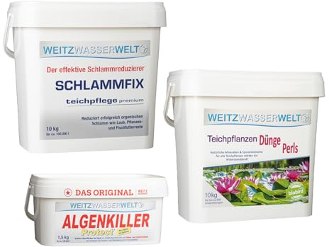 ALGENFREI & PFLANZENPFLEGE Set - Schlammentferner, Algizid Teichklar & Teich Pflanzen Dünger - das ideale Teich Zubehör für klares Wasser im Fischteich und prachtvolle Sumpf- und Wasserpflanzen