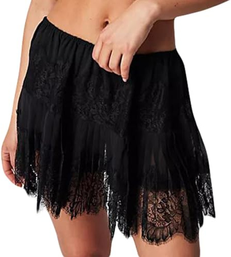 Muineobuka Minifalda de encaje para mujer, de talle bajo, plisada, con volantes, de encaje, media falda, Negro -, XL